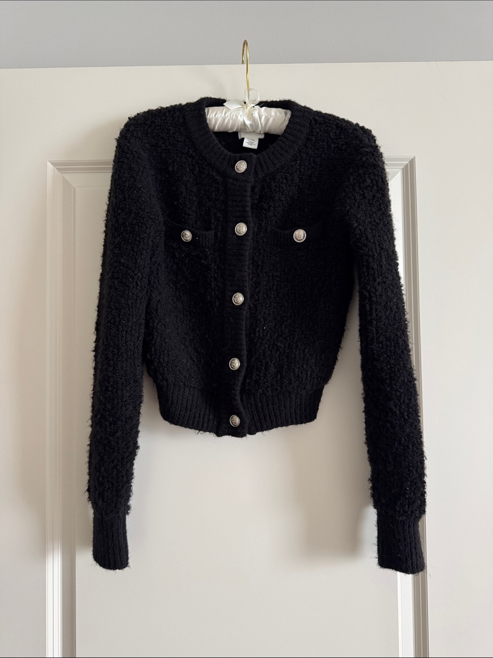 H&M Black Bouclé Button-Front Cardigan Jacket